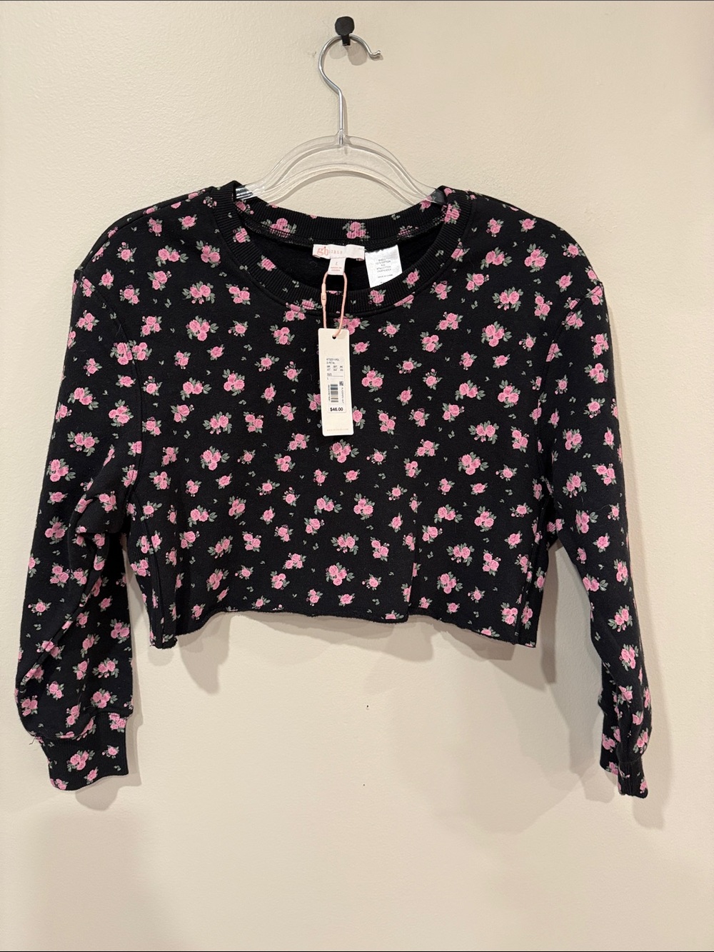 GB girls Black Sweatshirt with Pink Rose Print NWT